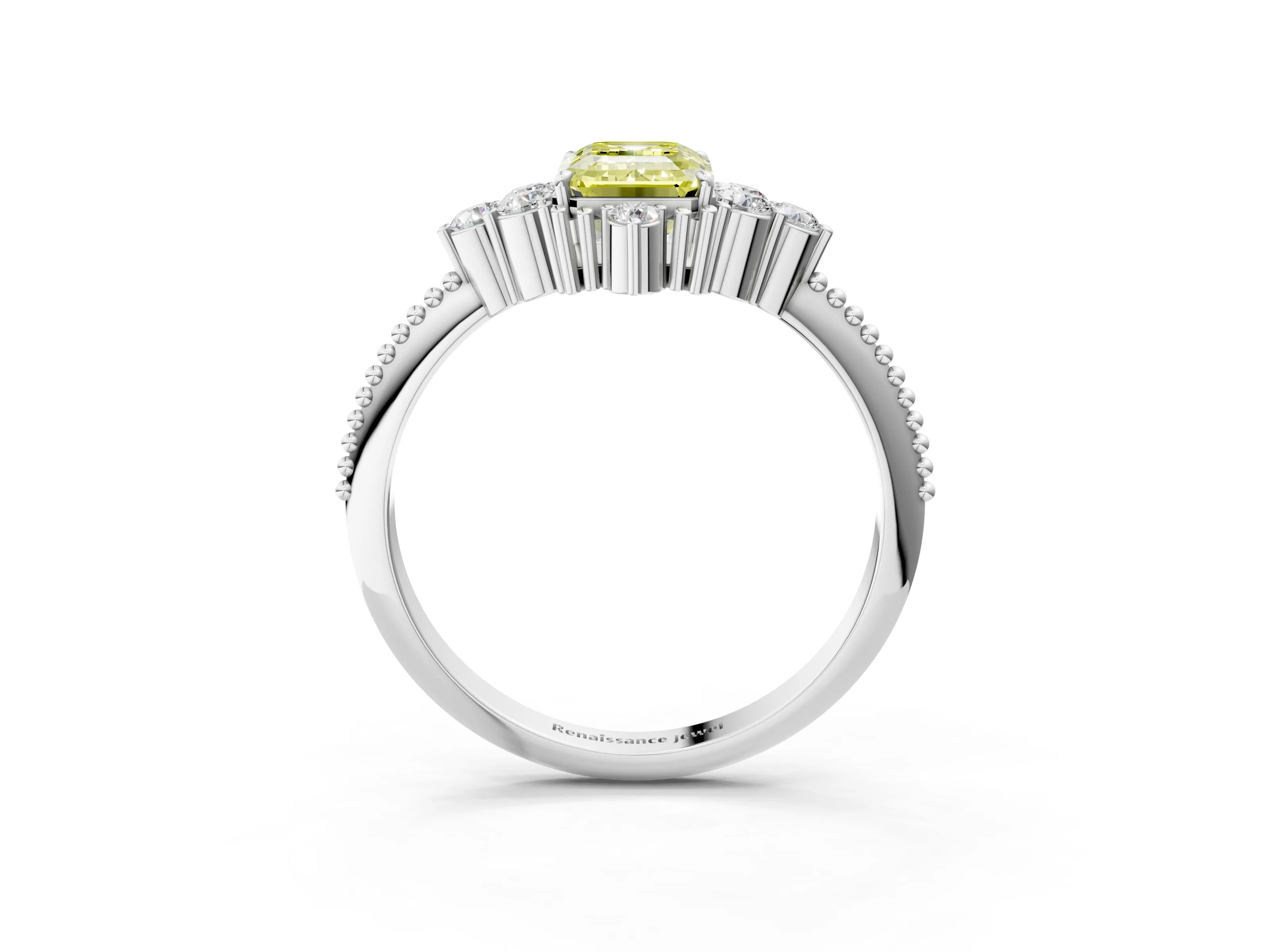 White gold Fancy Yellow Emerald Cut Brilliant Diamond with Cluster Setting on a Beaded Band and Four-Prong Setting_27