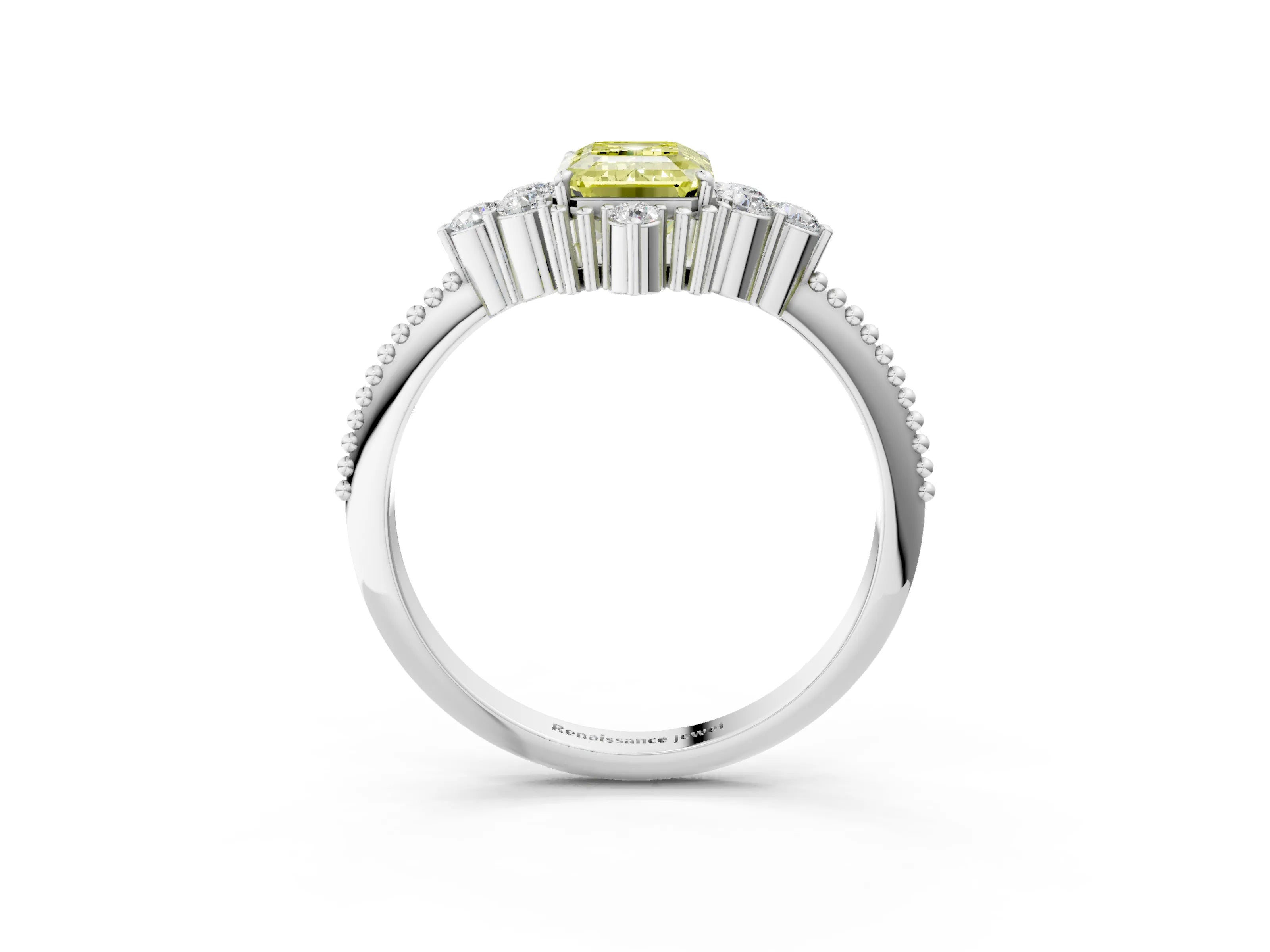 White gold Fancy Yellow Emerald Cut Brilliant Diamond with Cluster Setting on a Beaded Band and Four-Prong Setting_3