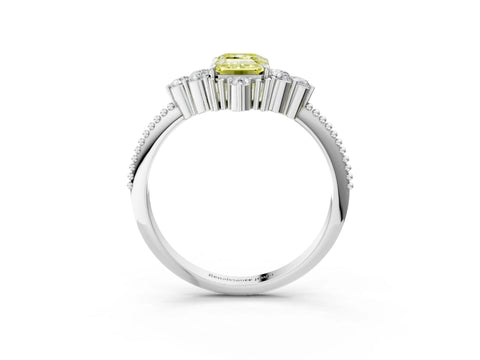White gold Fancy Yellow Emerald Cut Brilliant Diamond with Cluster Setting on a Beaded Band and Four-Prong Setting_3