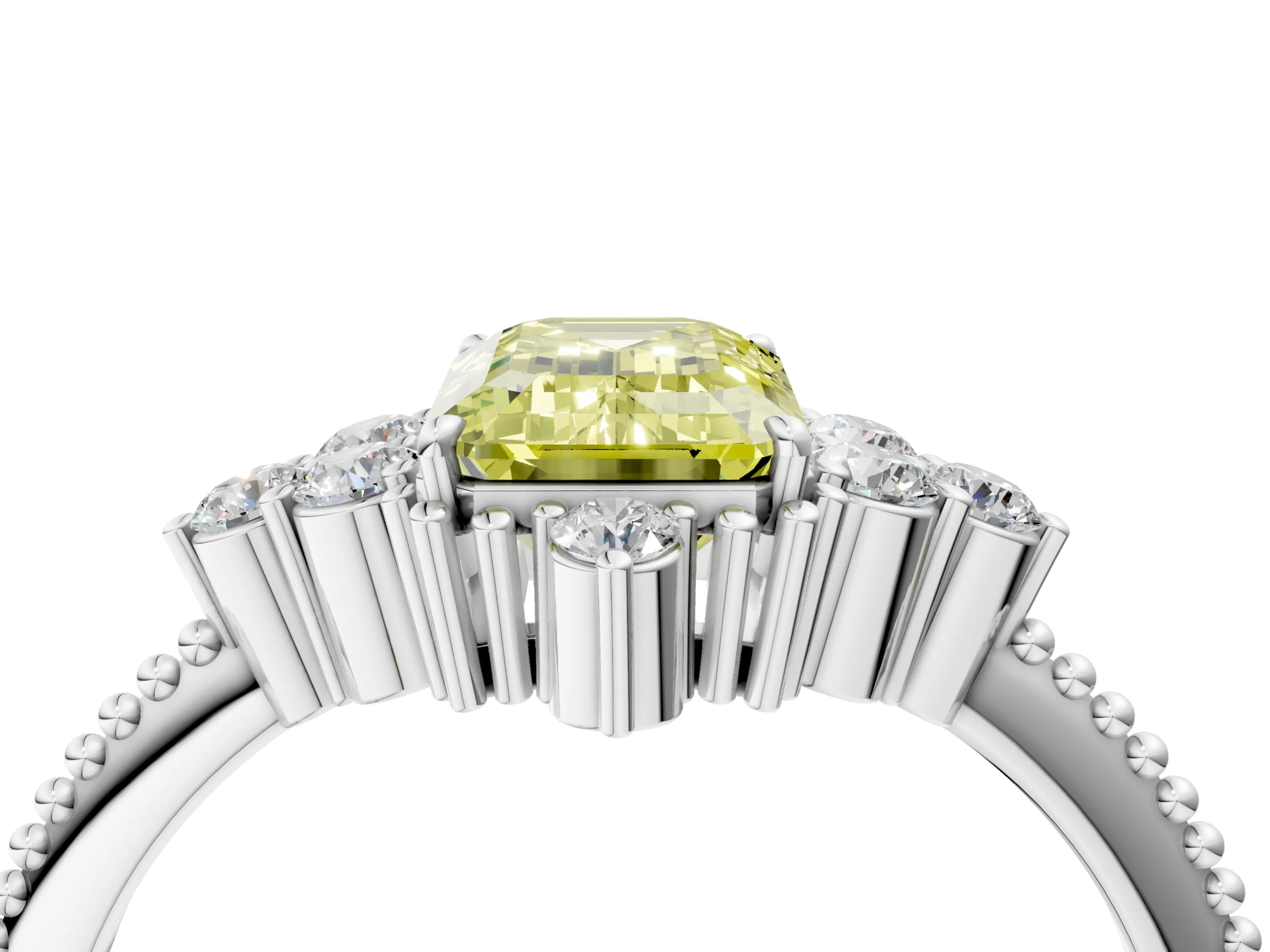 White gold Fancy Yellow Emerald Cut Brilliant Diamond with Cluster Setting on a Beaded Band and Four-Prong Setting_4