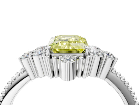 White gold Fancy Yellow Emerald Cut Brilliant Diamond with Cluster Setting on a Beaded Band and Four-Prong Setting_4