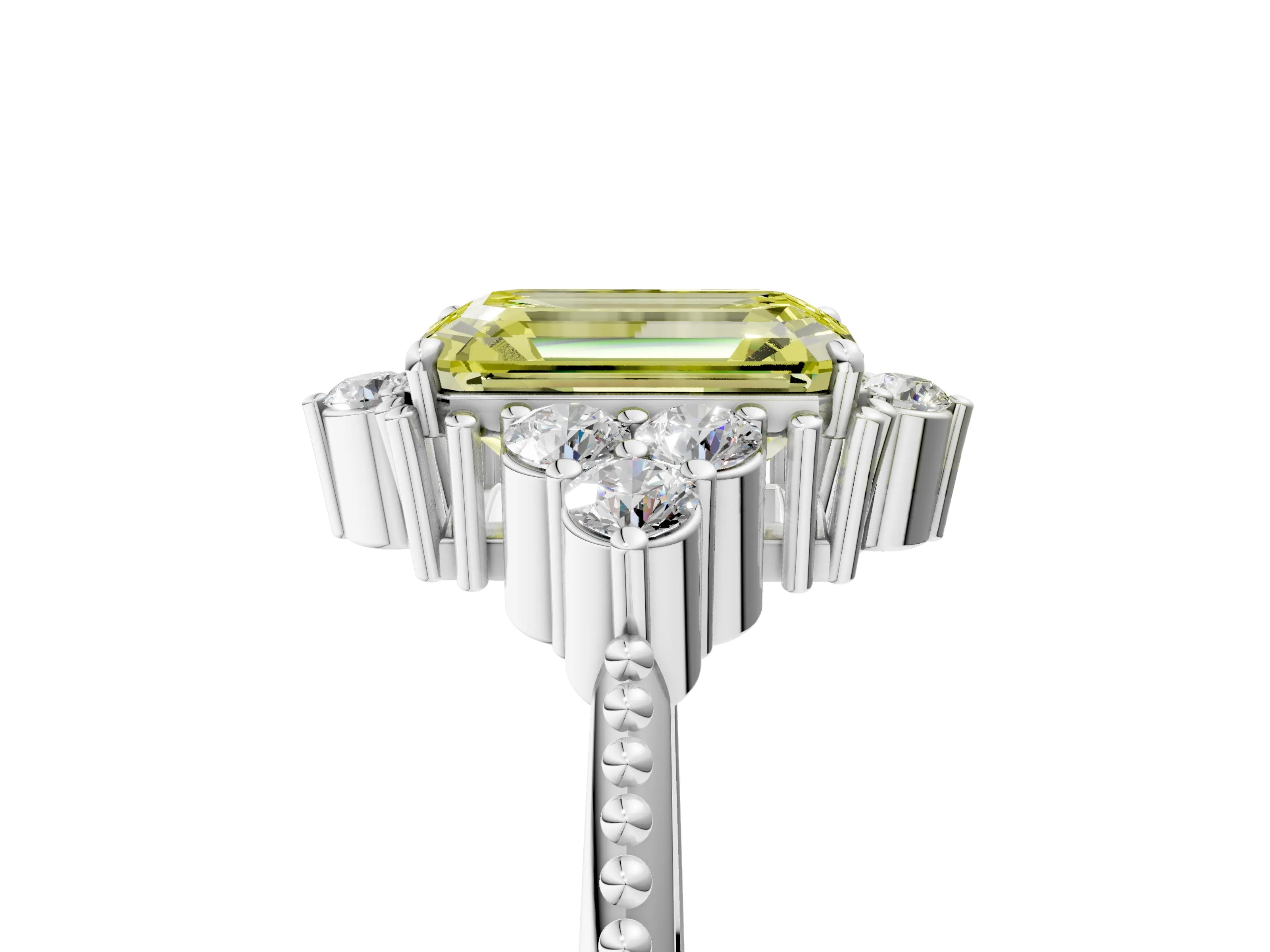 White gold Fancy Yellow Emerald Cut Brilliant Diamond with Cluster Setting on a Beaded Band and Four-Prong Setting_5