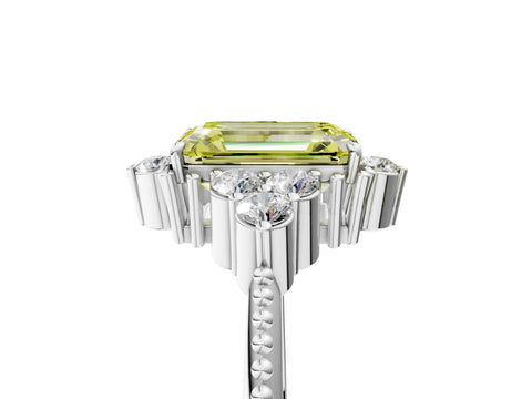 White gold Fancy Yellow Emerald Cut Brilliant Diamond with Cluster Setting on a Beaded Band and Four-Prong Setting_5