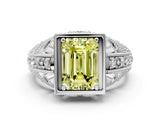 White gold Fancy Yellow Emerald Cut Brilliant Milgrain Filigree Diamond Ring with Square Prong Setting