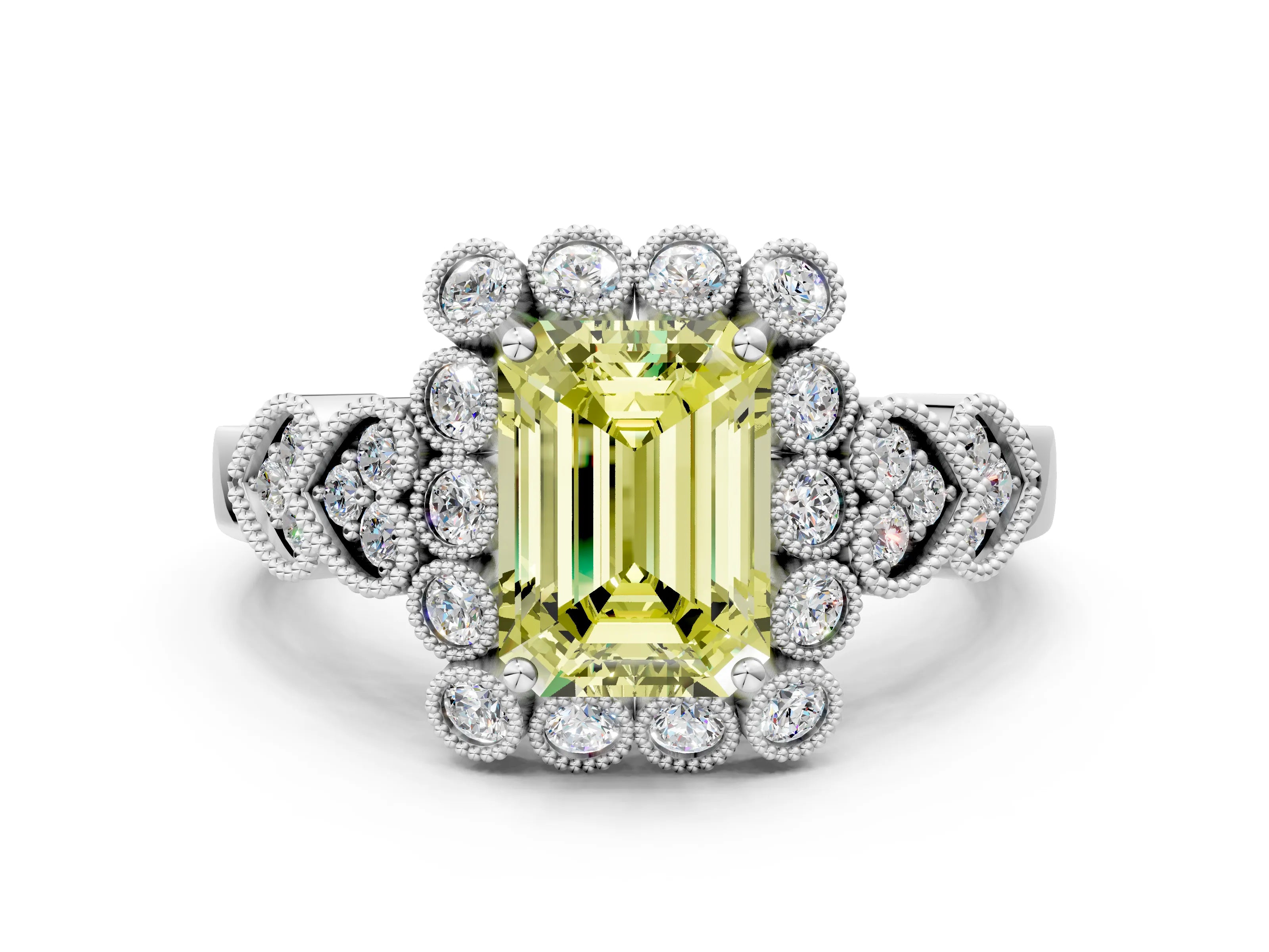 White gold Fancy Yellow Emerald Cut Brilliant Milgrain Pave Heart Band Solitaire Ring_12