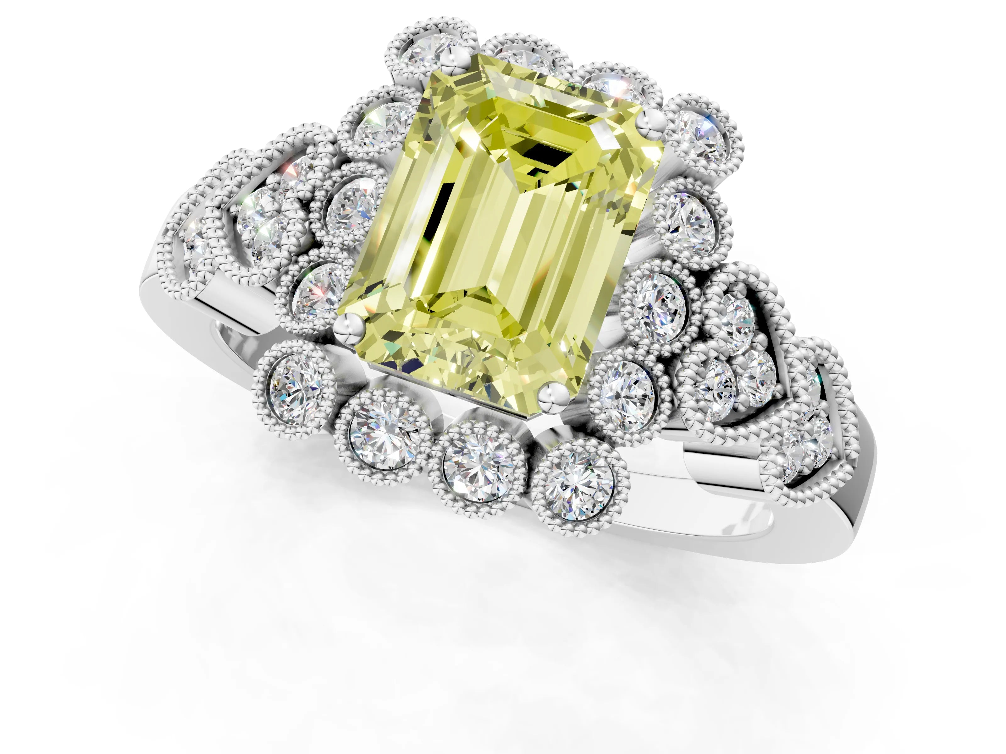White gold Fancy Yellow Emerald Cut Brilliant Milgrain Pave Heart Band Solitaire Ring_13