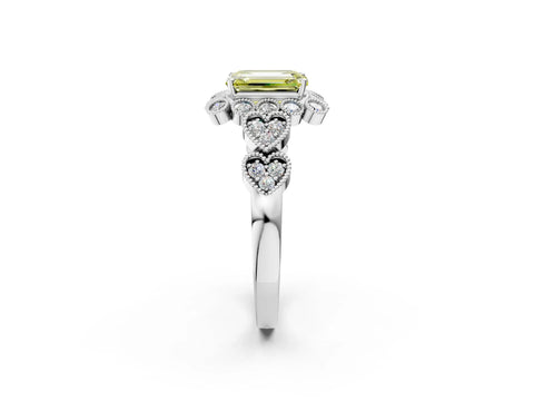 White gold Fancy Yellow Emerald Cut Brilliant Milgrain Pave Heart Band Solitaire Ring_14