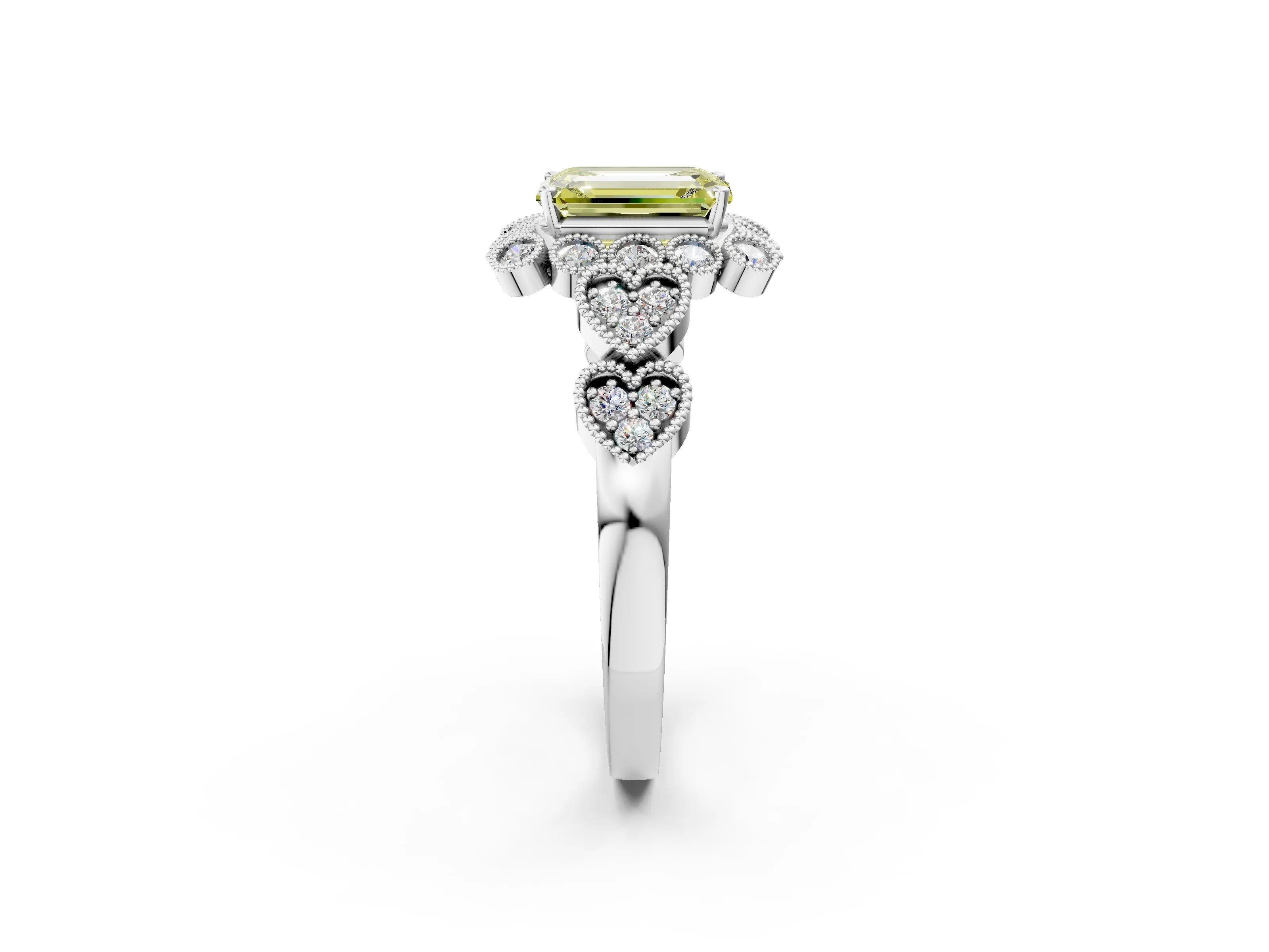White gold Fancy Yellow Emerald Cut Brilliant Milgrain Pave Heart Band Solitaire Ring_14