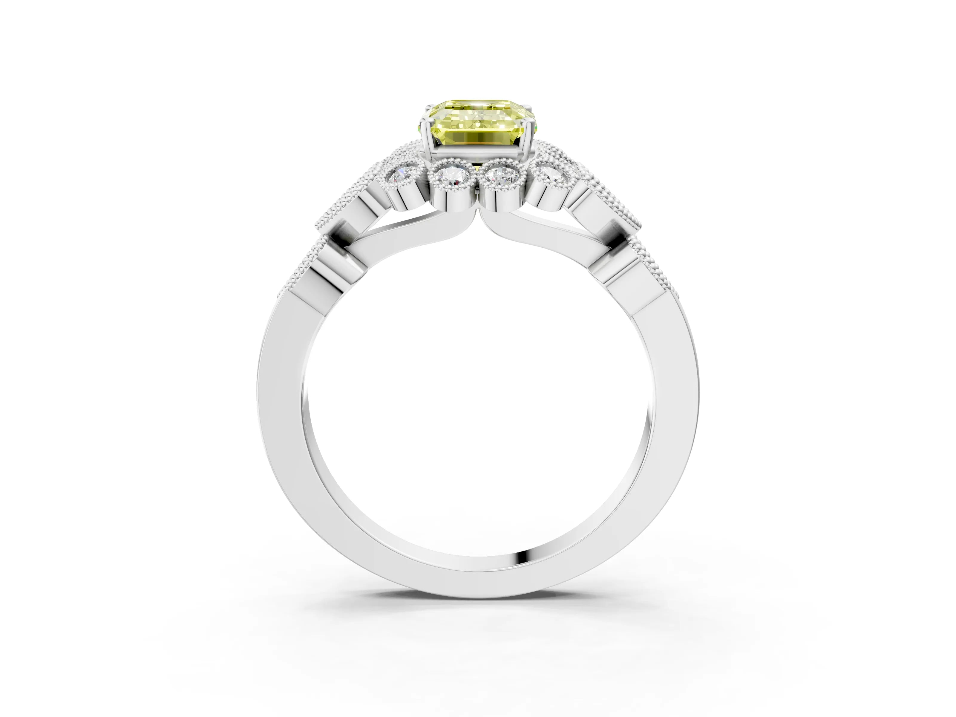 White gold Fancy Yellow Emerald Cut Brilliant Milgrain Pave Heart Band Solitaire Ring_15