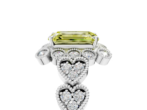 White gold Fancy Yellow Emerald Cut Brilliant Milgrain Pave Heart Band Solitaire Ring_17
