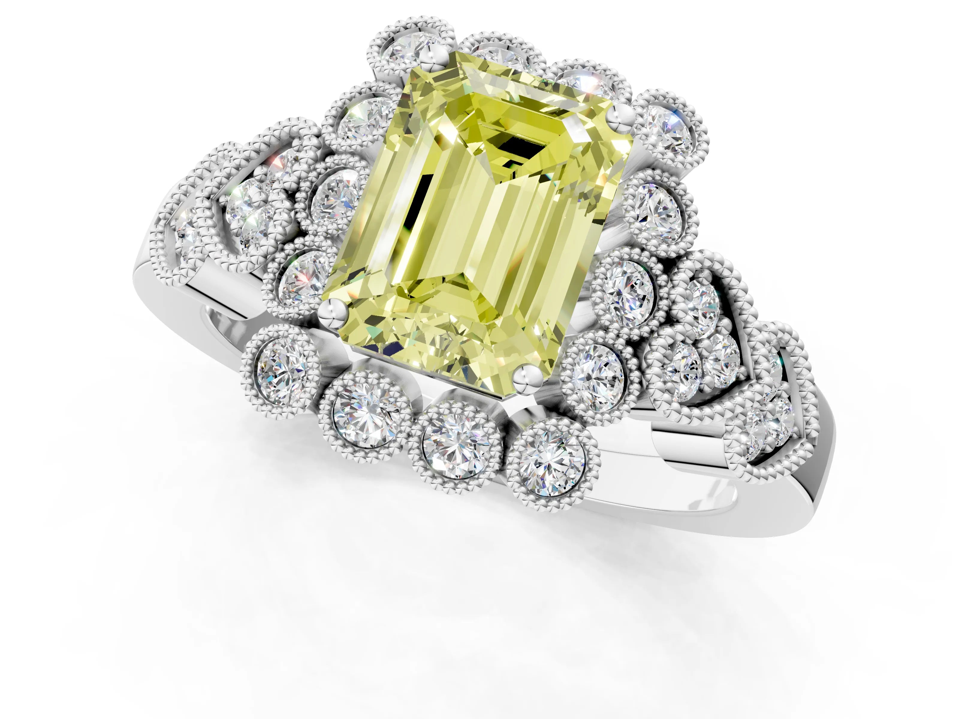 White gold Fancy Yellow Emerald Cut Brilliant Milgrain Pave Heart Band Solitaire Ring_1