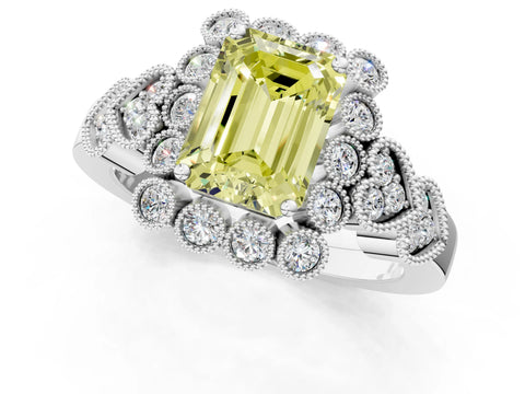 White gold Fancy Yellow Emerald Cut Brilliant Milgrain Pave Heart Band Solitaire Ring_1