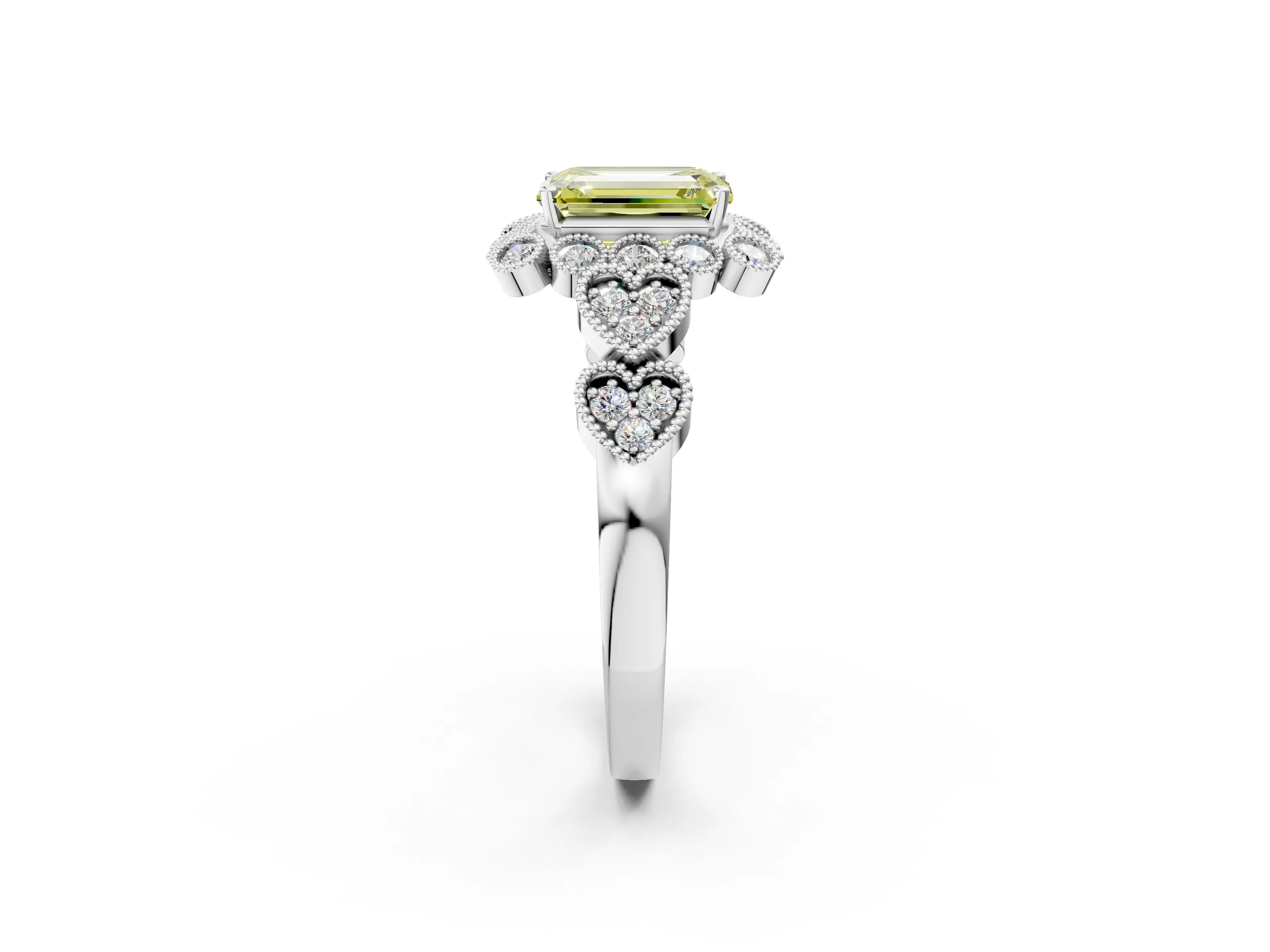 White gold Fancy Yellow Emerald Cut Brilliant Milgrain Pave Heart Band Solitaire Ring_2