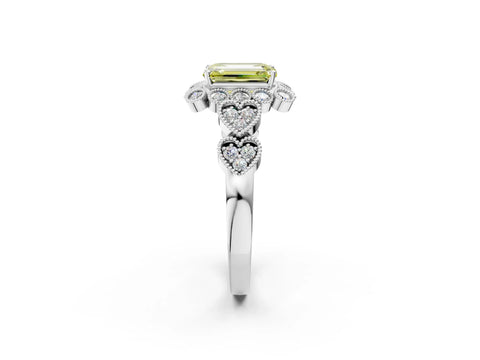 White gold Fancy Yellow Emerald Cut Brilliant Milgrain Pave Heart Band Solitaire Ring_2