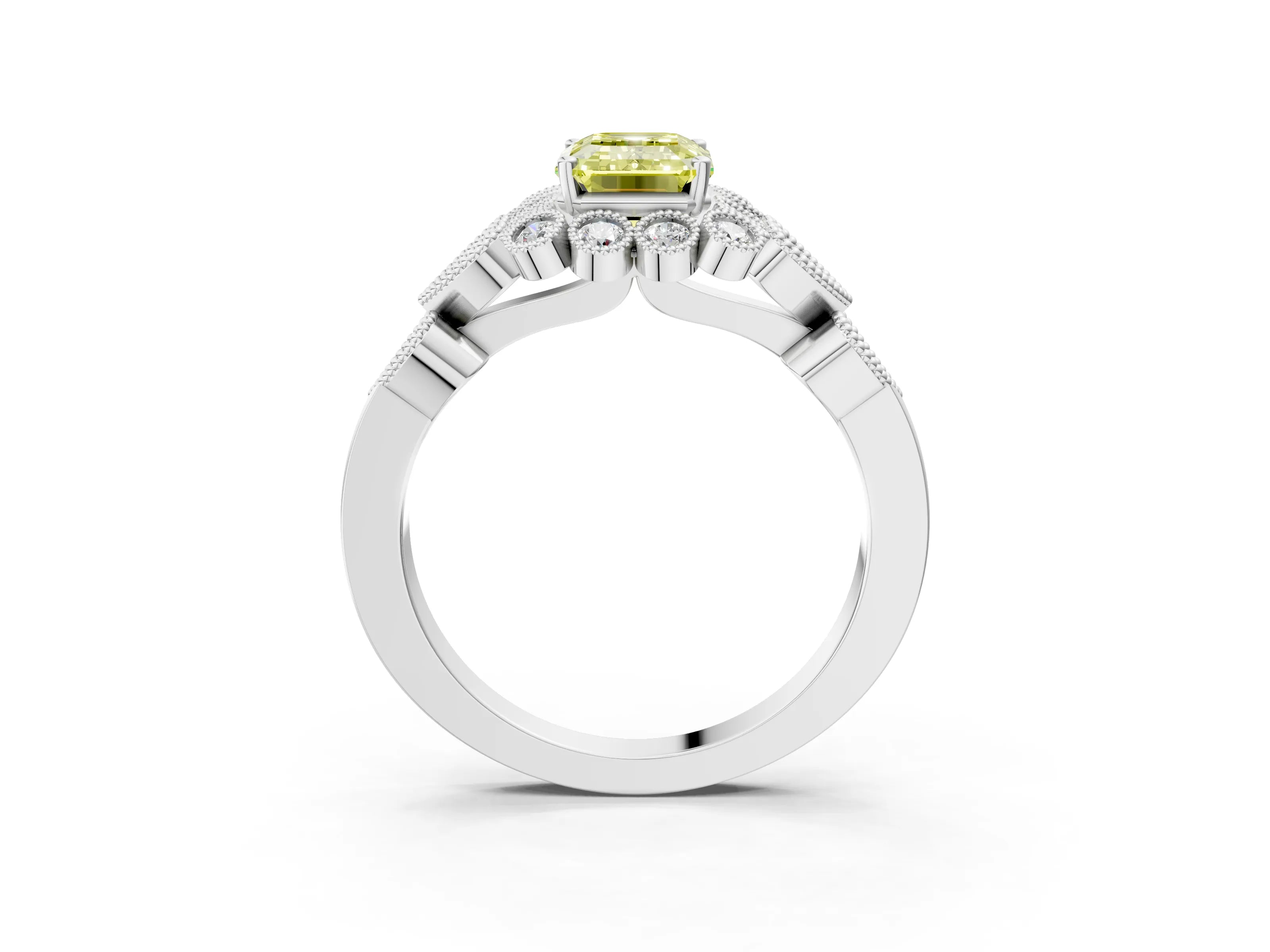 White gold Fancy Yellow Emerald Cut Brilliant Milgrain Pave Heart Band Solitaire Ring_3