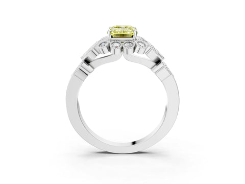 White gold Fancy Yellow Emerald Cut Brilliant Milgrain Pave Heart Band Solitaire Ring_3