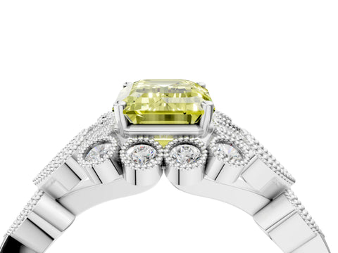 White gold Fancy Yellow Emerald Cut Brilliant Milgrain Pave Heart Band Solitaire Ring_4