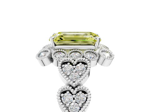 White gold Fancy Yellow Emerald Cut Brilliant Milgrain Pave Heart Band Solitaire Ring_5