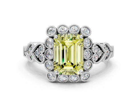 White gold Fancy Yellow Emerald Cut Brilliant Milgrain Pave Heart Band Solitaire Ring