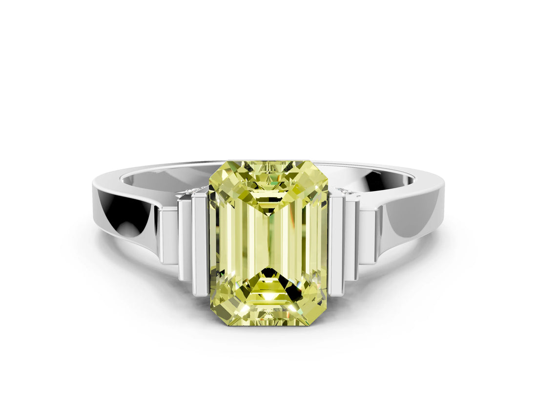 White gold Fancy Yellow Emerald Cut Brilliant Solitaire Diamond Ring with Channel Set Band and Bar Prong Setting_6
