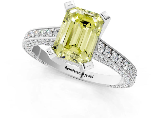 White gold Fancy Yellow Emerald Cut Brilliant Split Shank Pave Solitaire Ring with Four-Prong Setting