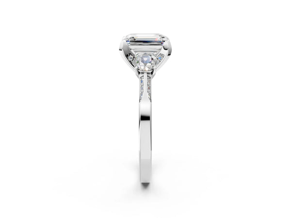 Platinum Fancy Yellow Emerald Cut Brilliant Three-Stone Diamond Ring with Pavé Band and Four-Prong Setting