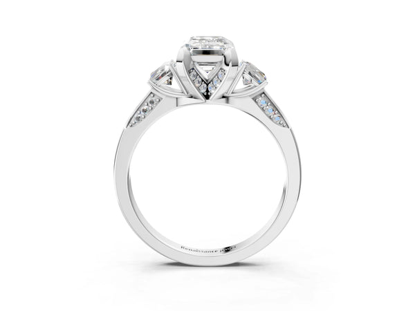 Platinum Fancy Yellow Emerald Cut Brilliant Three-Stone Diamond Ring with Pavé Band and Four-Prong Setting
