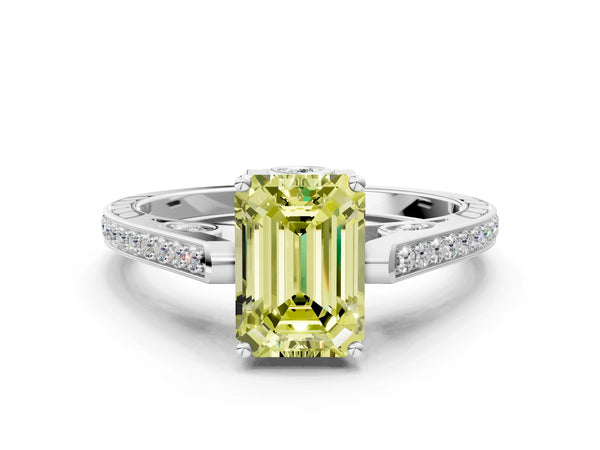 Platinum Fancy Yellow Emerald  Cut Cathedral Pave Diamond Engagement Ring with Six-Prong Setting