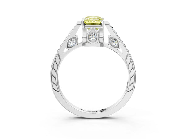 Platinum Fancy Yellow Emerald  Cut Cathedral Pave Diamond Engagement Ring with Six-Prong Setting