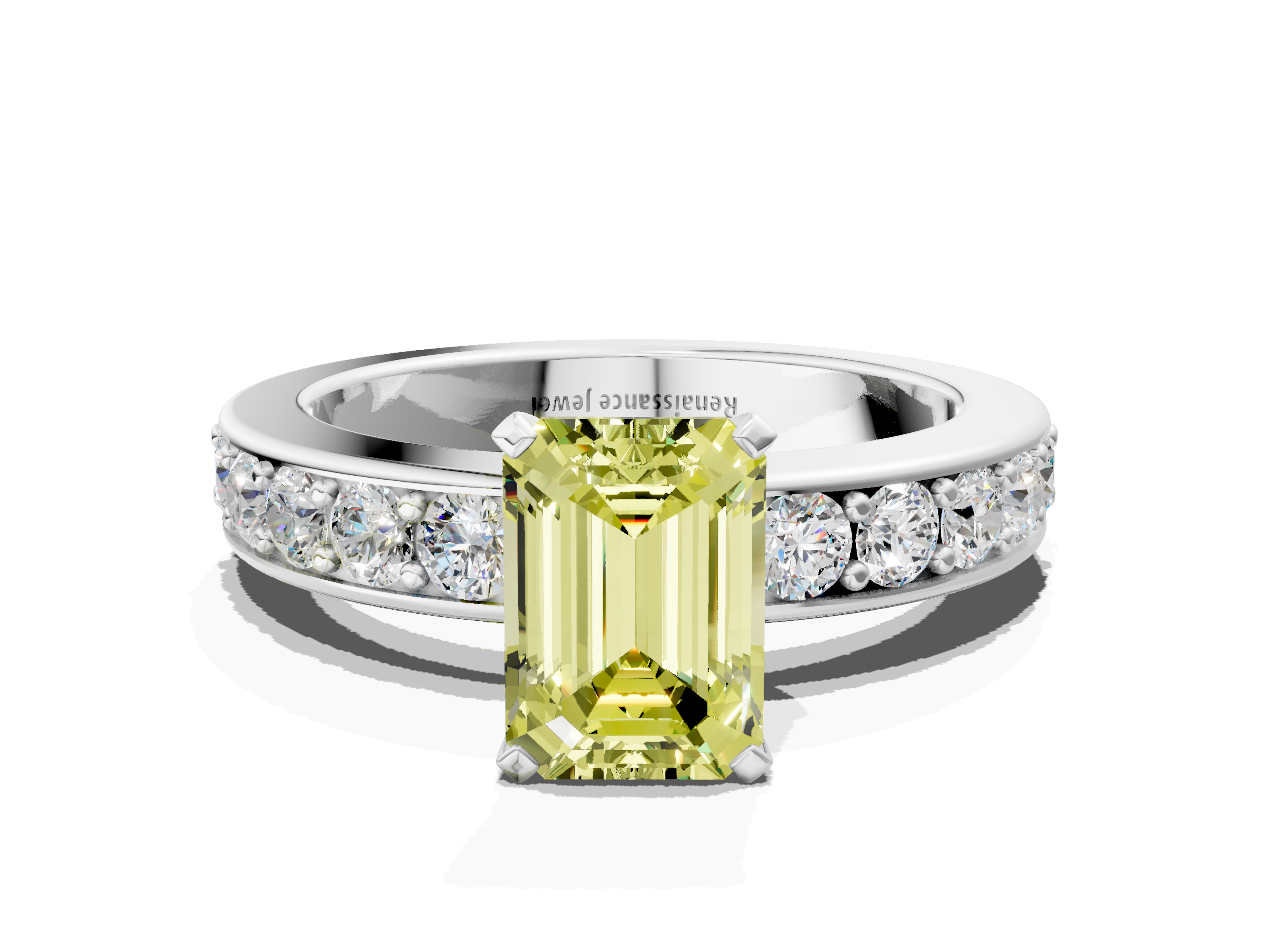 White gold Fancy Yellow Emerald  Cut Channel Set Diamond Engagement Ring with Four-Prong Setting_195