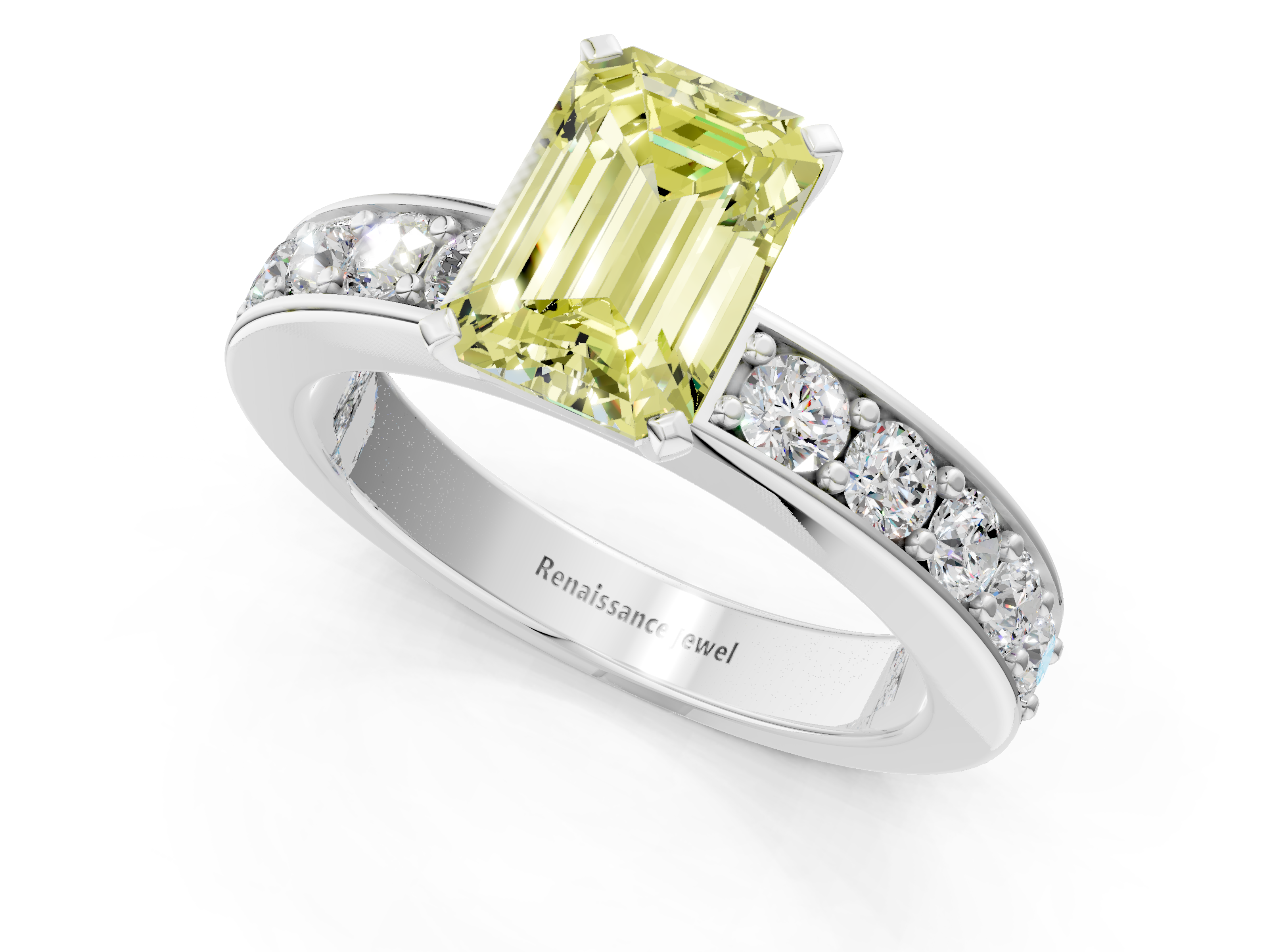 White gold Fancy Yellow Emerald  Cut Channel Set Diamond Engagement Ring with Four-Prong Setting_196