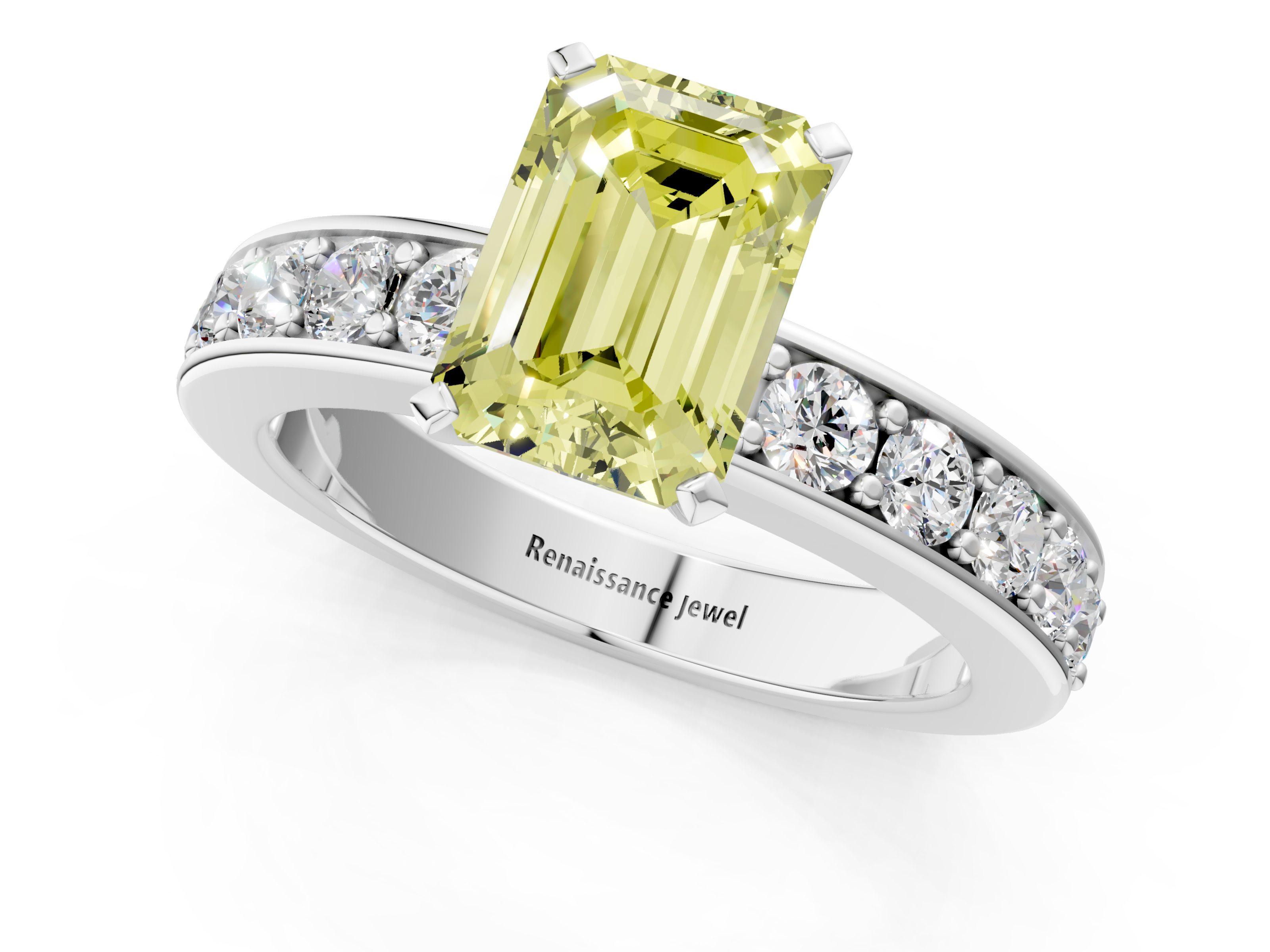 White gold Fancy Yellow Emerald  Cut Channel Set Diamond Engagement Ring with Four-Prong Setting_198
