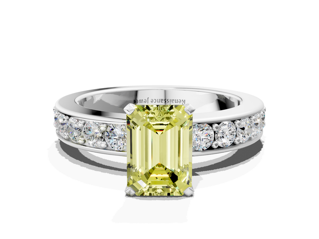 White gold Fancy Yellow Emerald  Cut Channel Set Diamond Engagement Ring with Four-Prong Setting_257