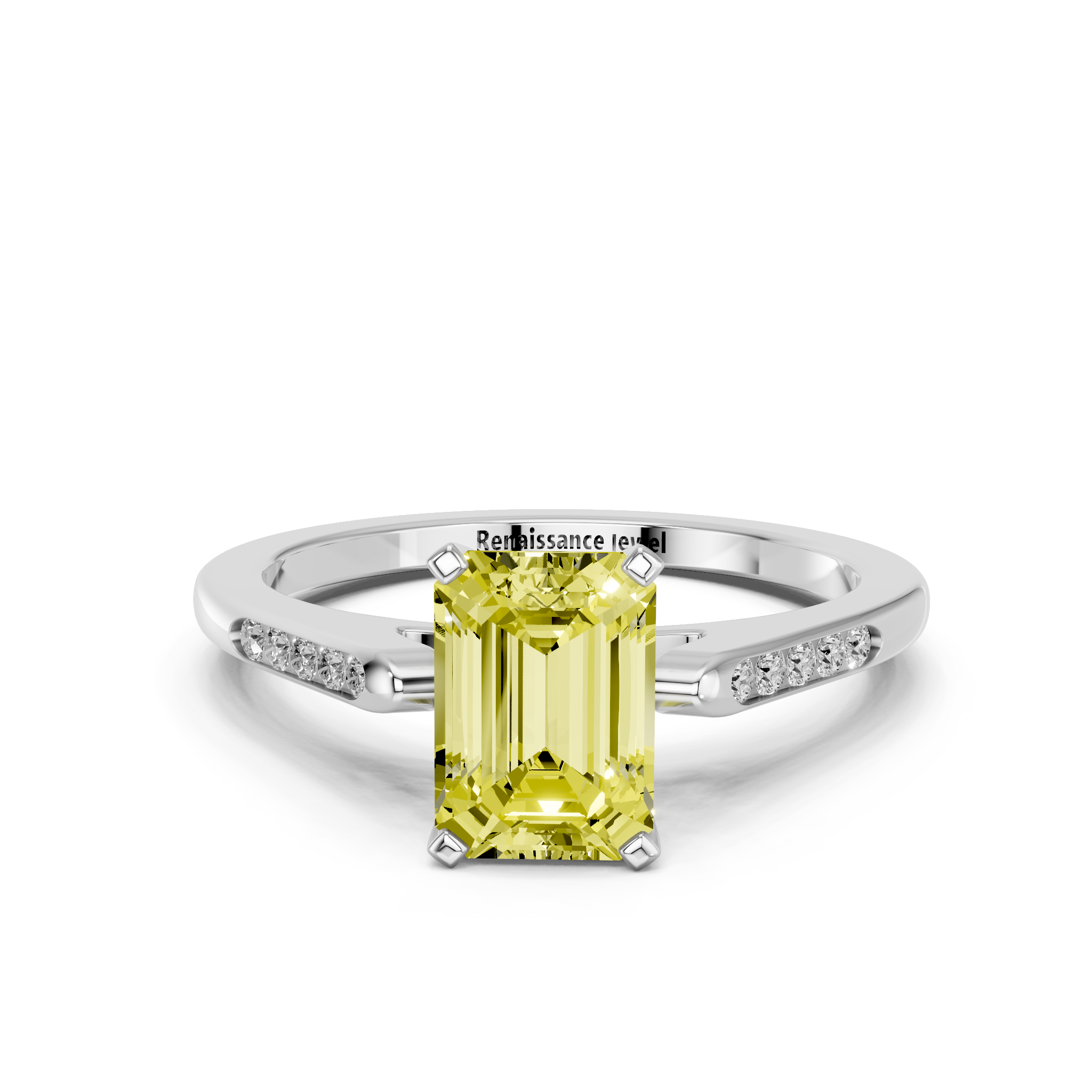 White gold Fancy Yellow Emerald  Cut Channel Set Solitaire Engagement Ring with Four-Prong Setting_21