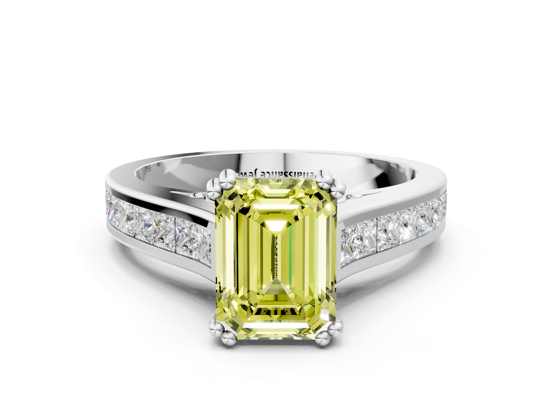 White gold Fancy Yellow Emerald  Cut Channel Set Solitaire Engagement Ring with Prong Setting_25