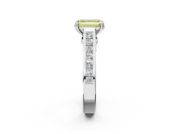 Platinum Fancy Yellow Emerald  Cut Channel Set Solitaire Engagement Ring with Prong Setting