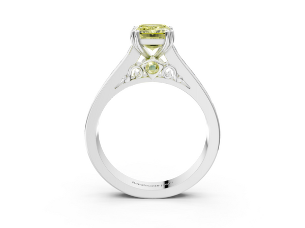 Platinum Fancy Yellow Emerald  Cut Channel Set Solitaire Engagement Ring with Prong Setting