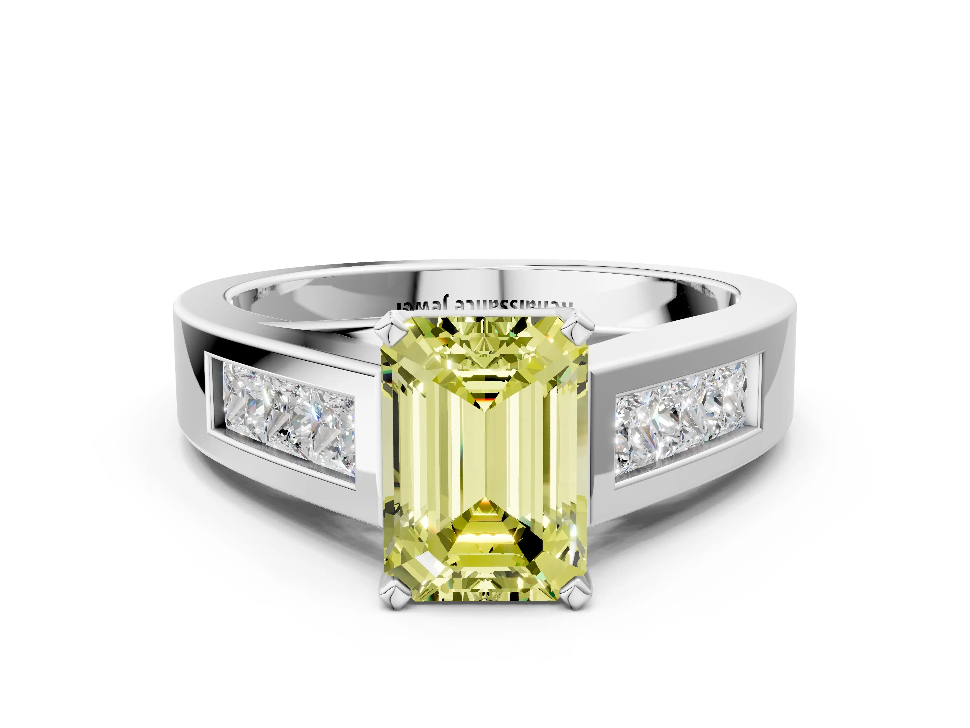 White gold Fancy Yellow Emerald Cut Cut Channel Set Solitaire Ring with Four-Prong Setting_12
