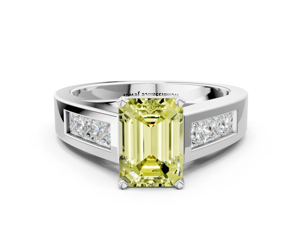 Platinum Fancy Yellow Emerald Cut Cut Channel Set Solitaire Ring with Four-Prong Setting