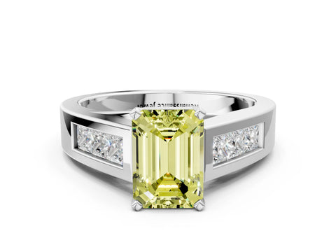 White gold Fancy Yellow Emerald Cut Cut Channel Set Solitaire Ring with Four-Prong Setting_12