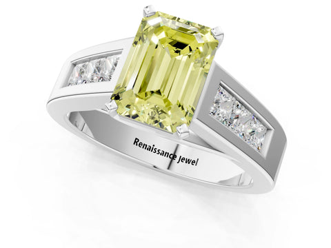White gold Fancy Yellow Emerald Cut Cut Channel Set Solitaire Ring with Four-Prong Setting_13