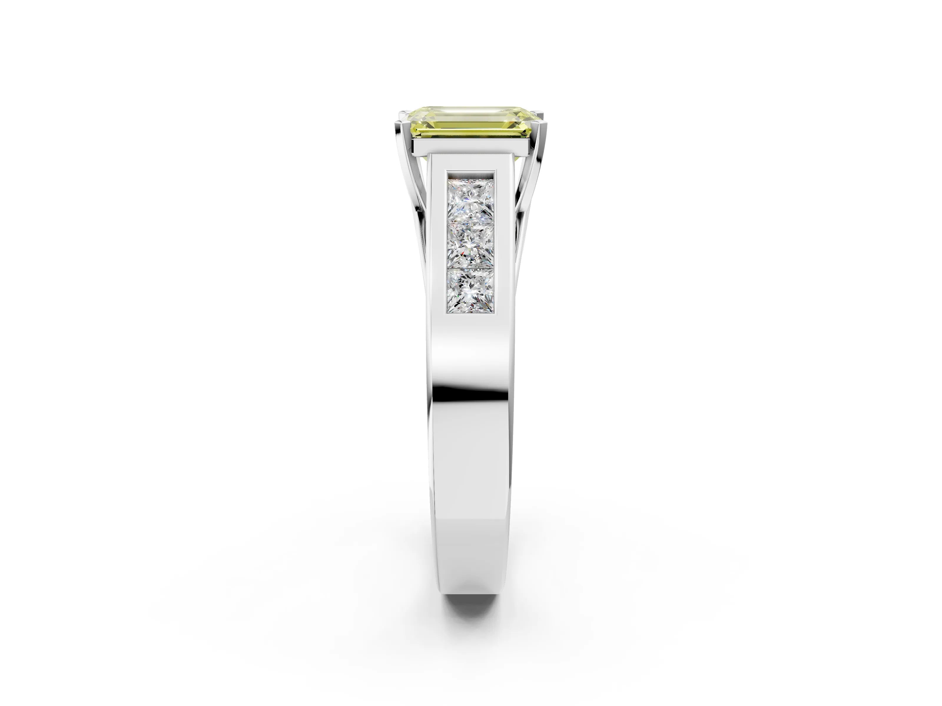 White gold Fancy Yellow Emerald Cut Cut Channel Set Solitaire Ring with Four-Prong Setting_14