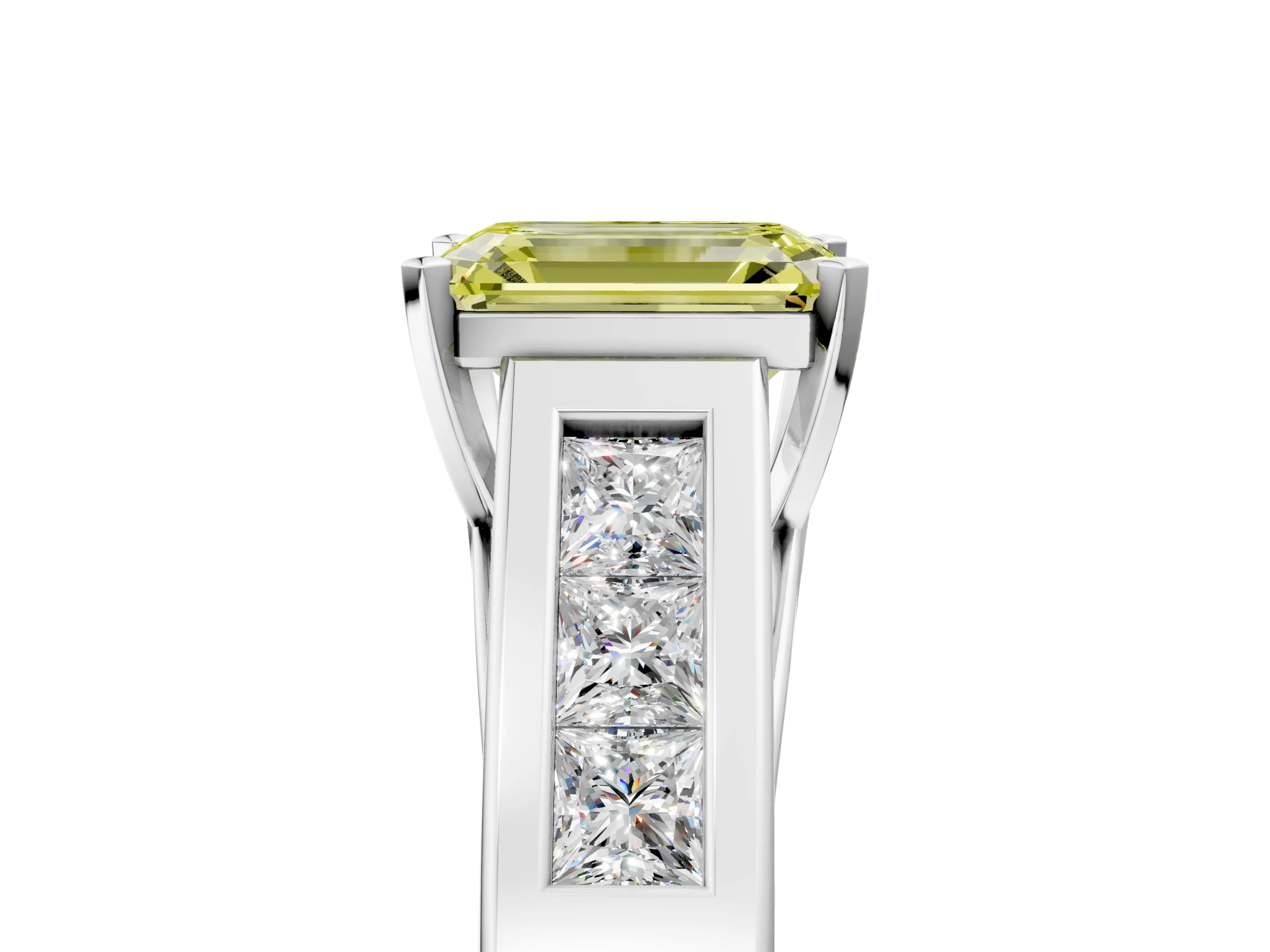 White gold Fancy Yellow Emerald Cut Cut Channel Set Solitaire Ring with Four-Prong Setting_17
