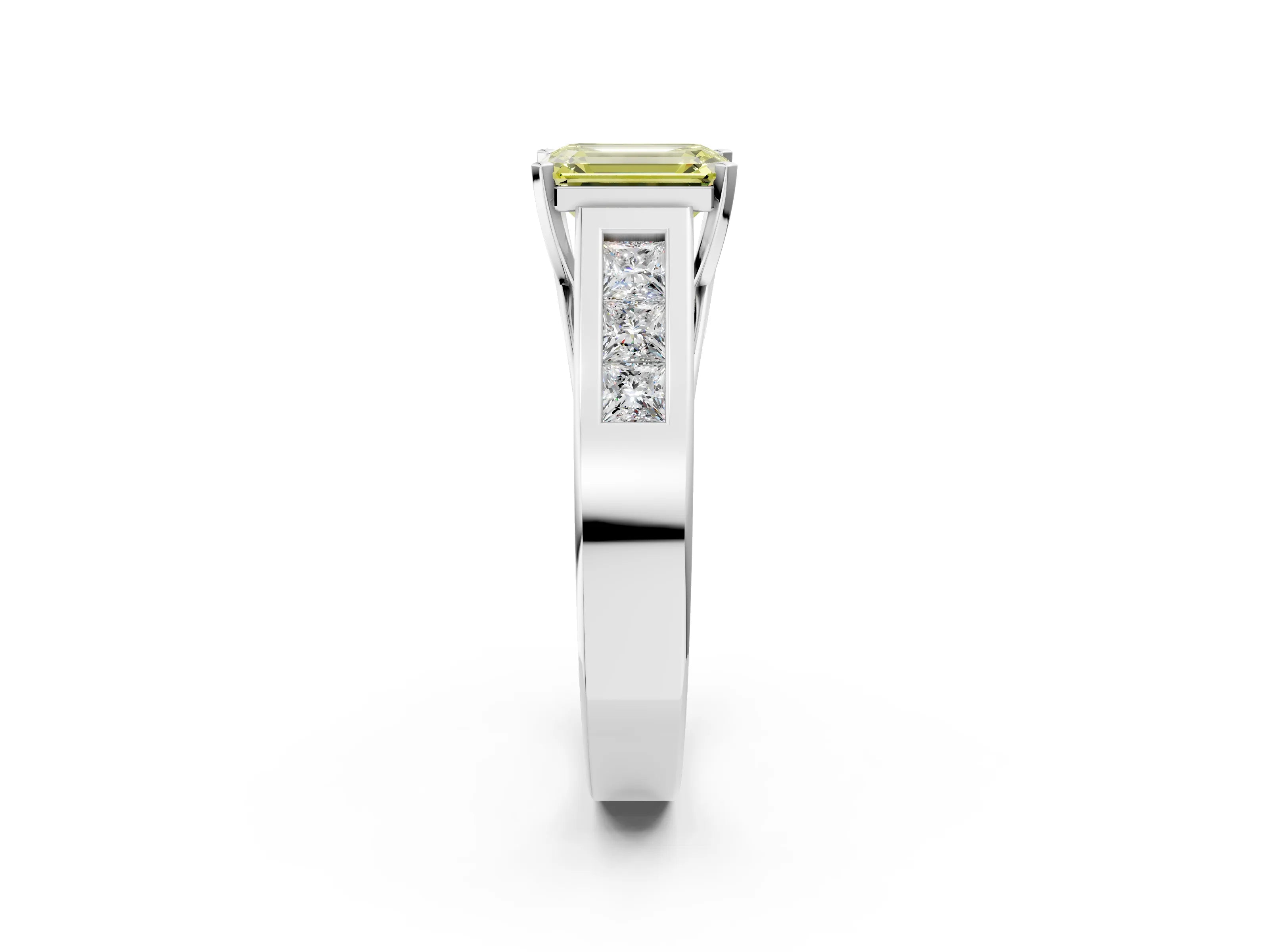 White gold Fancy Yellow Emerald Cut Cut Channel Set Solitaire Ring with Four-Prong Setting_2
