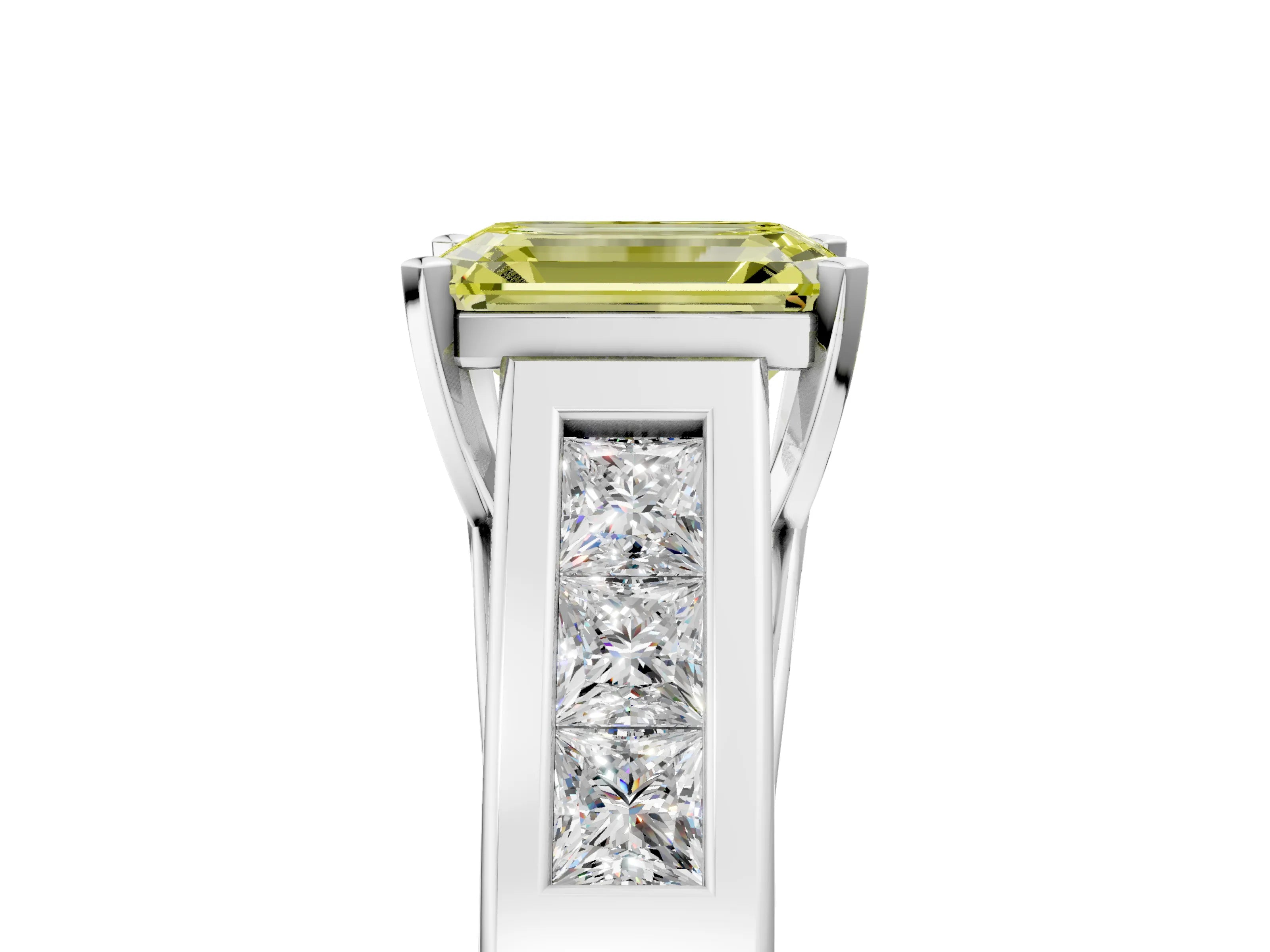 White gold Fancy Yellow Emerald Cut Cut Channel Set Solitaire Ring with Four-Prong Setting_5