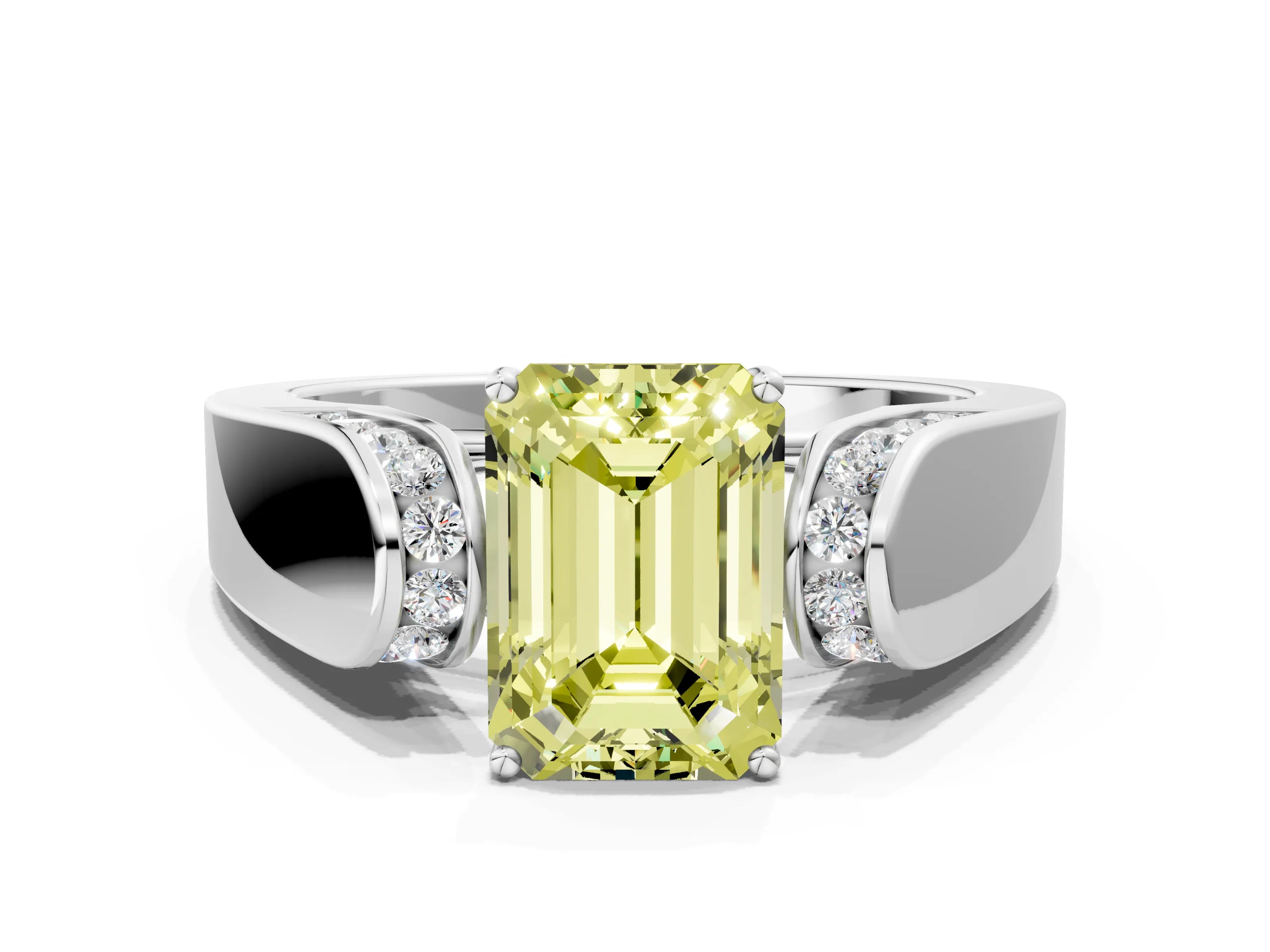 White gold Fancy Yellow Emerald Cut Cut Diamond Channel Set Solitaire Ring with Four-Prong Setting