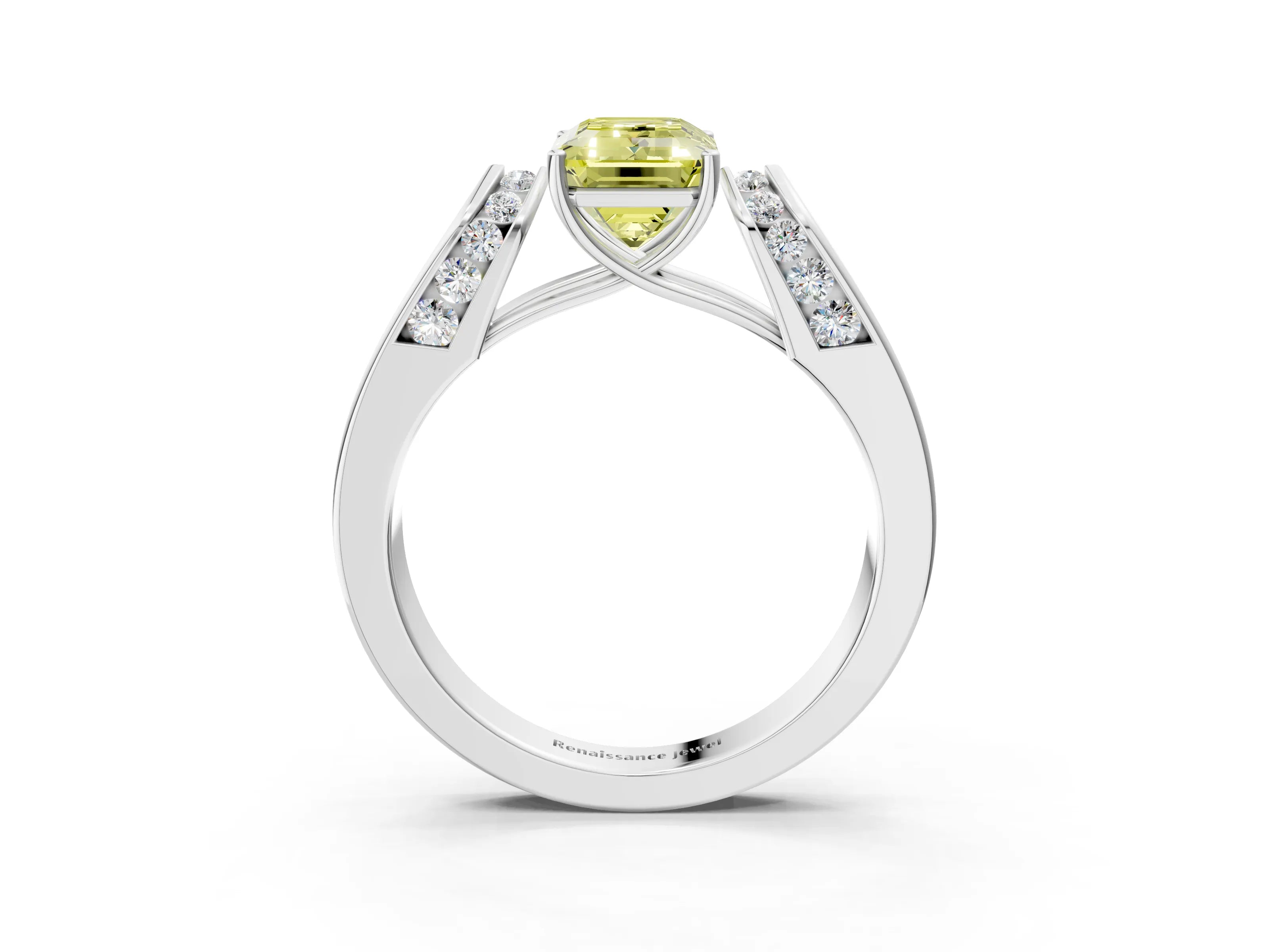 White gold Fancy Yellow Emerald Cut Cut Diamond Channel Set Solitaire Ring with Four-Prong Setting_3