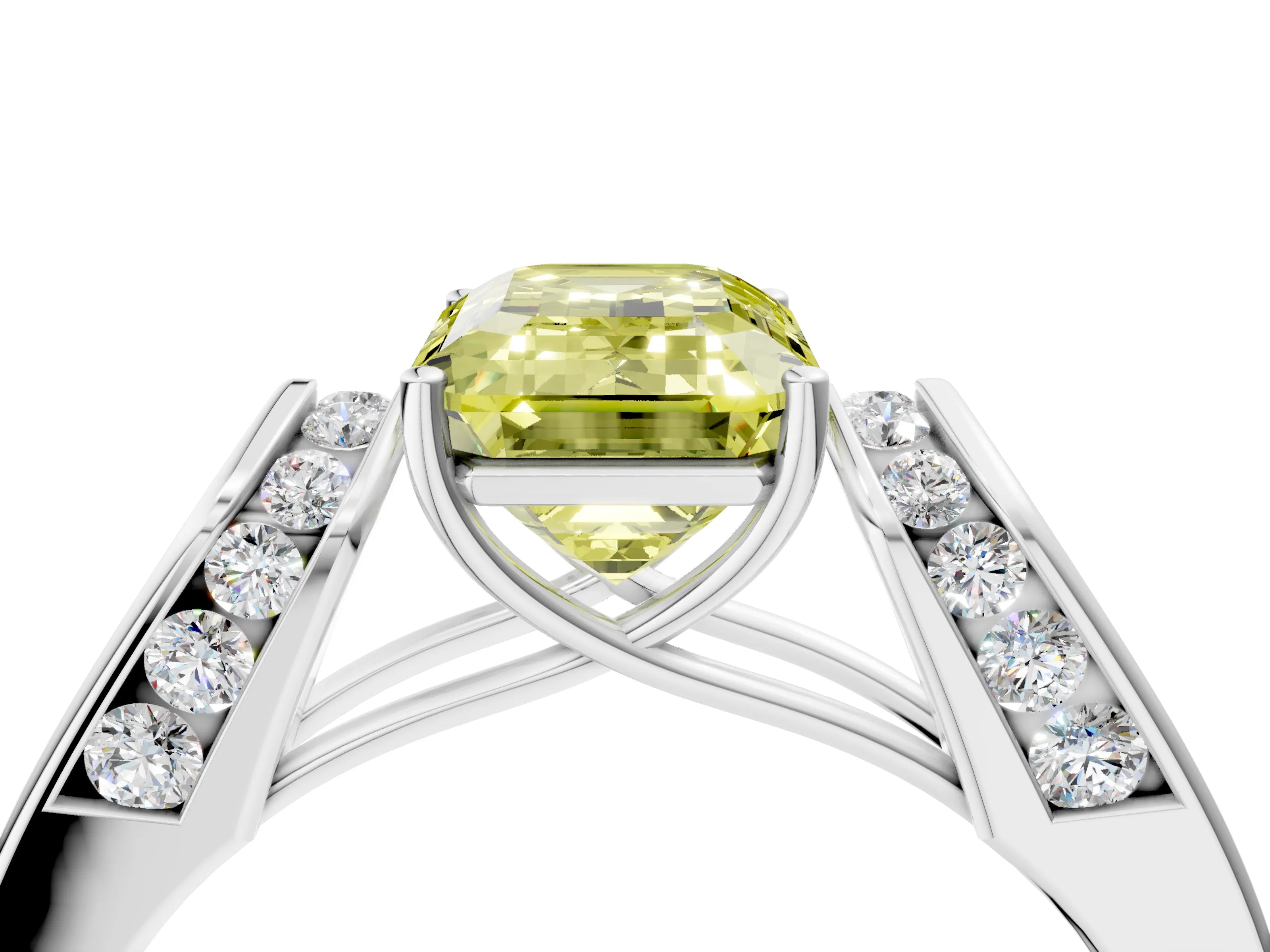 White gold Fancy Yellow Emerald Cut Cut Diamond Channel Set Solitaire Ring with Four-Prong Setting_4
