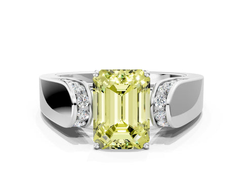 White gold Fancy Yellow Emerald Cut Cut Diamond Channel Set Solitaire Ring with Four-Prong Setting