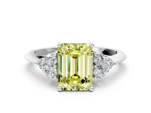 White gold Fancy Yellow Emerald Cut Cut Diamond Cluster Ring with Solitaire Band and Four-Prong Setting